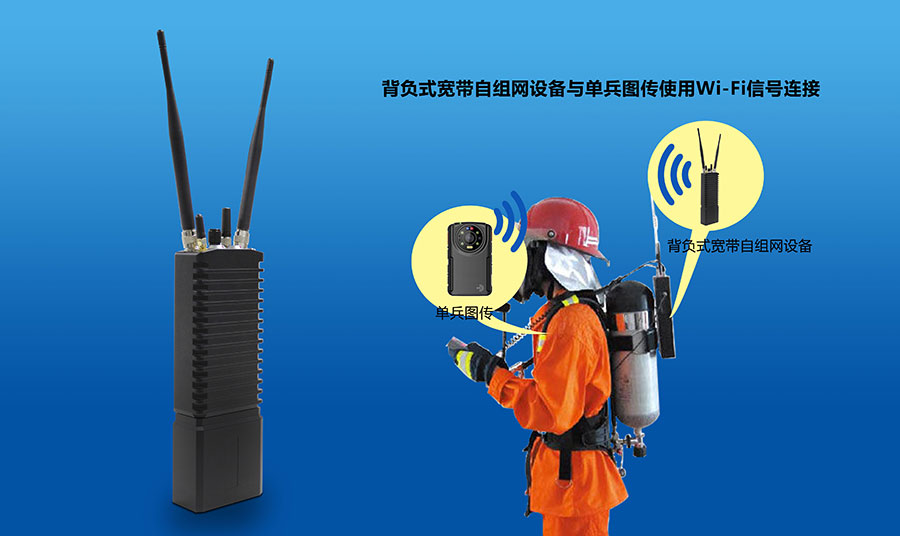 使用时由消防单兵携带,单兵图传或者其他前端视音频采集器与之通过